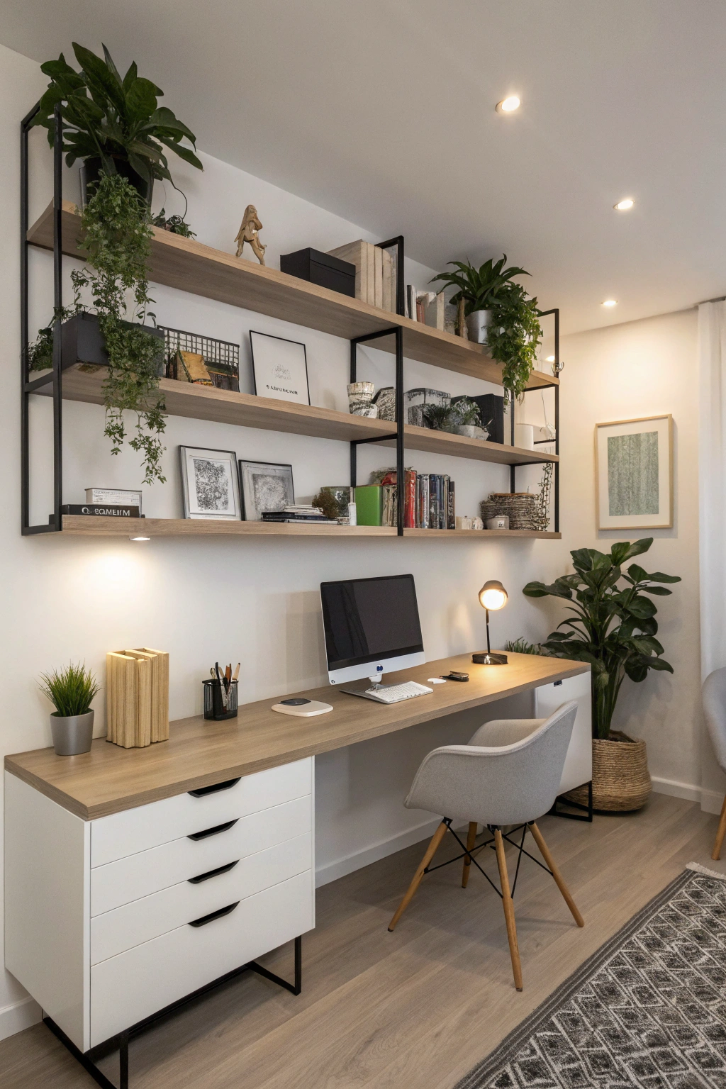 Floating shelves in office