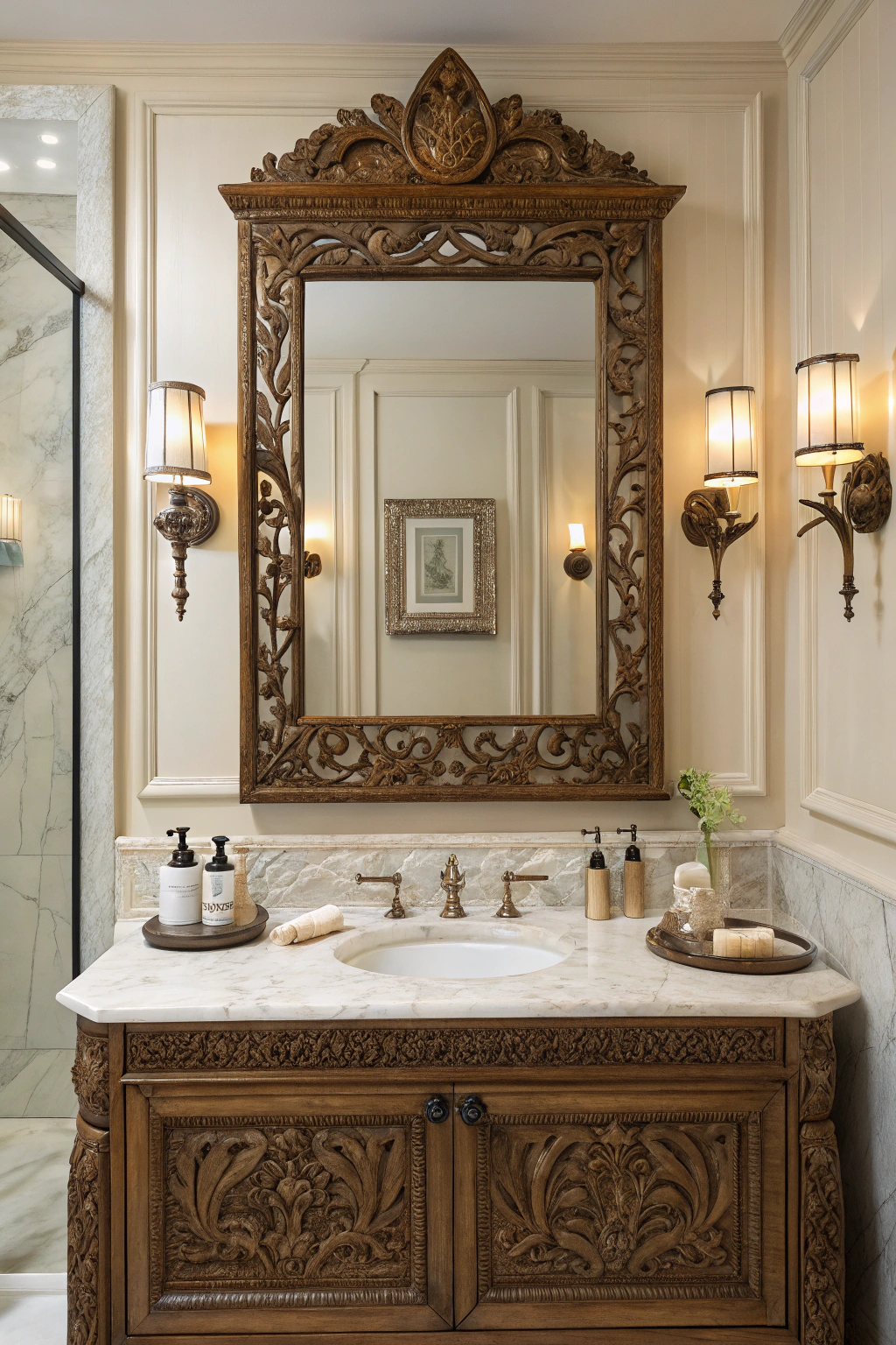 Carved wooden mirror with antique finish