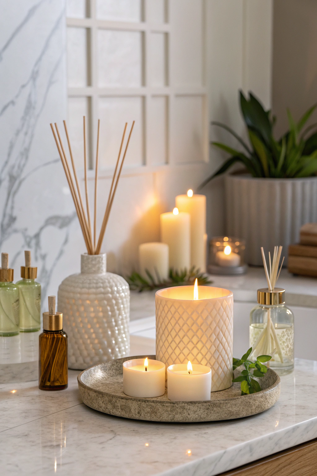 Aromatherapy diffusers and candles on marble countertop