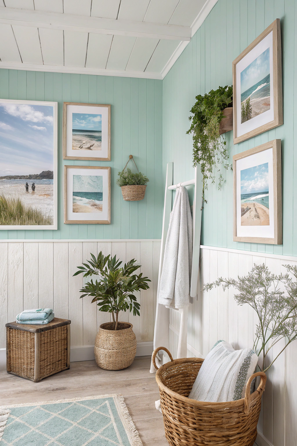Coastal bathroom with pastel walls and beach prints