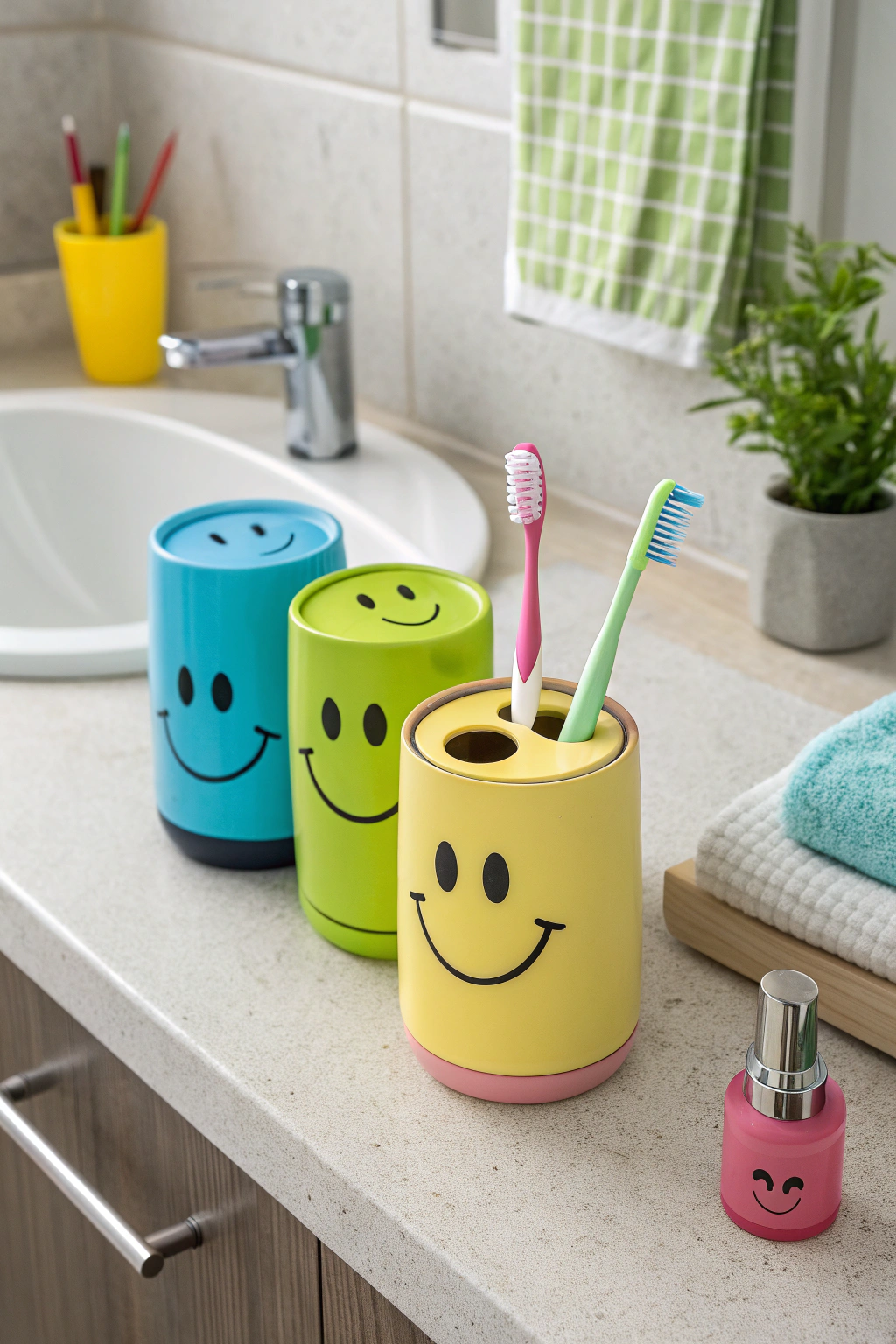 Colorful toothbrush holders on bathroom counter