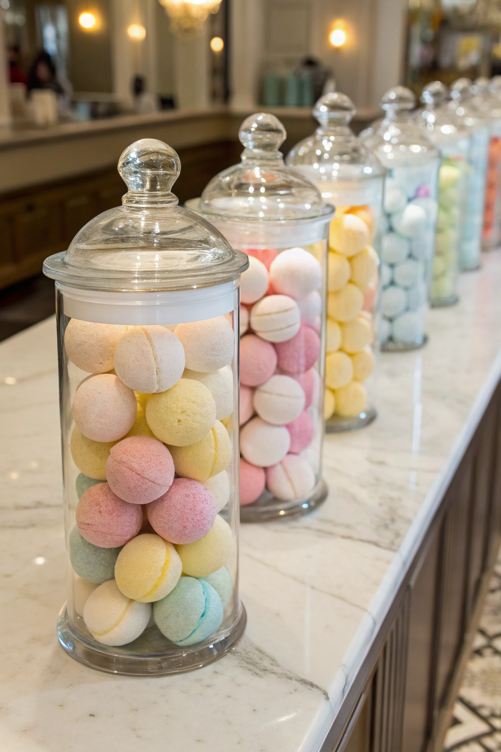Glass jars filled with pastel bath bombs