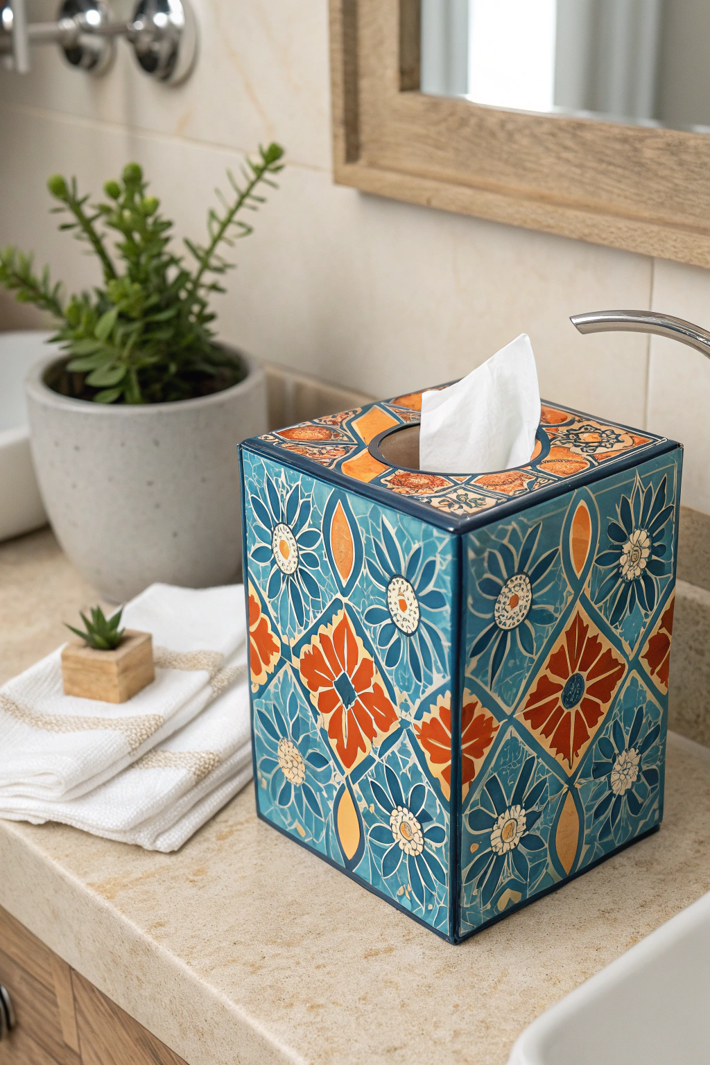 Mosaic patterned tissue box cover