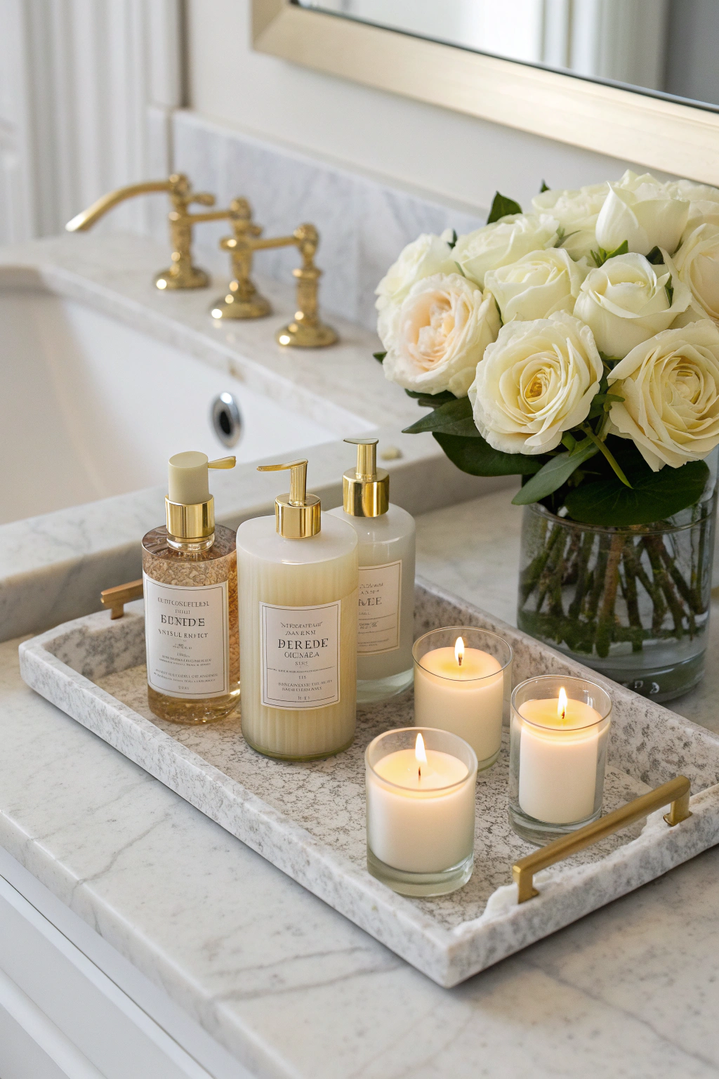 Marble tray with hand soaps, lotions, and roses