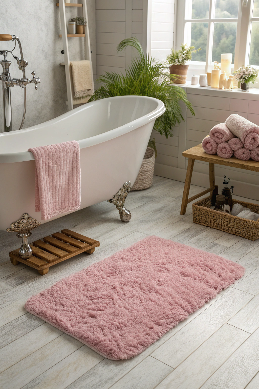 Plush pink shaggy bath mat next to clawfoot tub