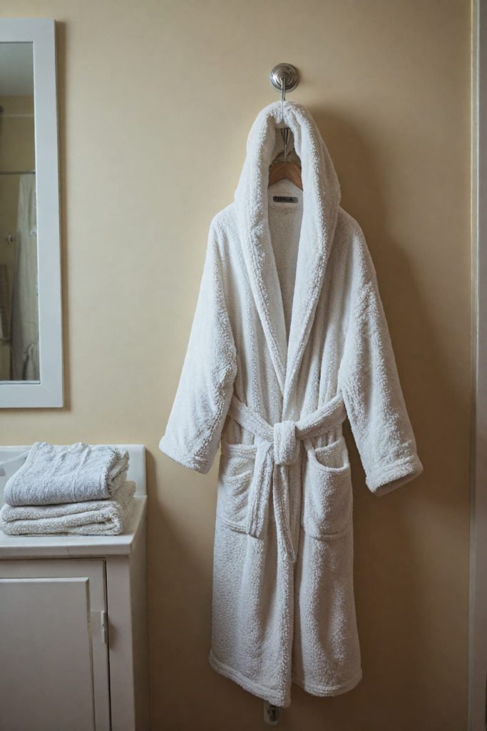 Plush white bathrobe hanging on hook