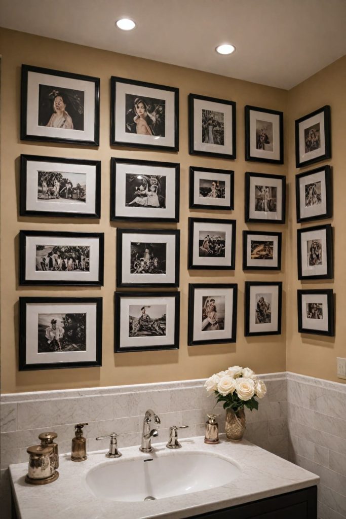 Gallery wall of black-and-white photos above marble sink