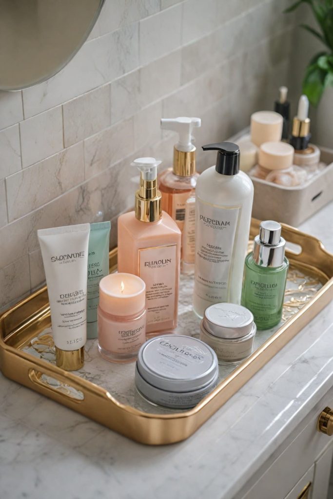 Gold tray with skincare products and candle