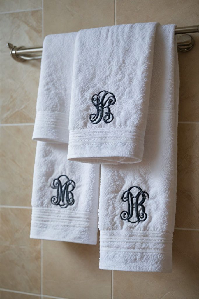 Monogrammed white towels on silver rack