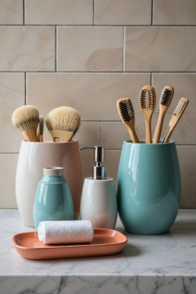 Pastel containers holding bathroom essentials