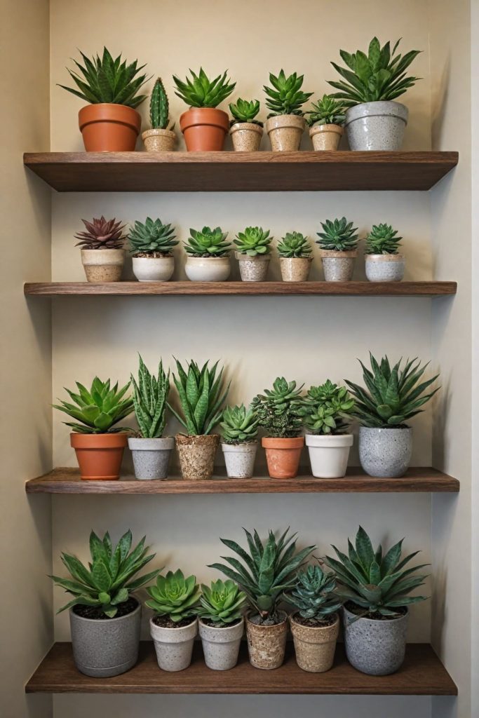 Succulents in ceramic pots on wooden shelves
