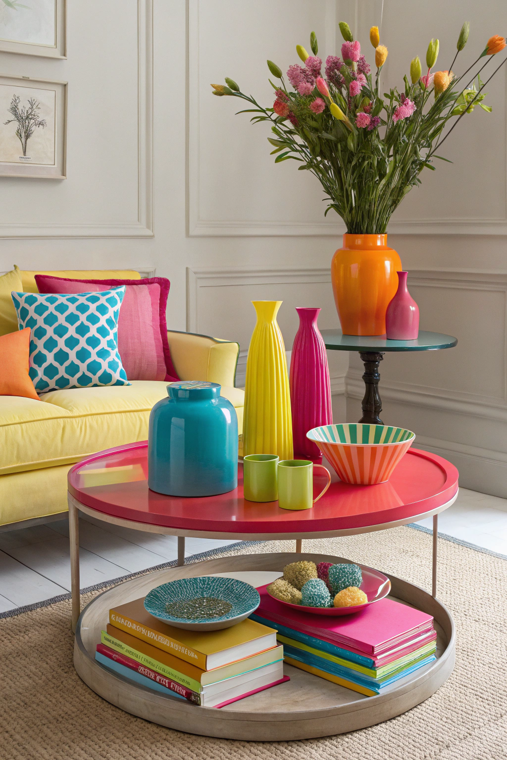 Colorful round coffee table decor