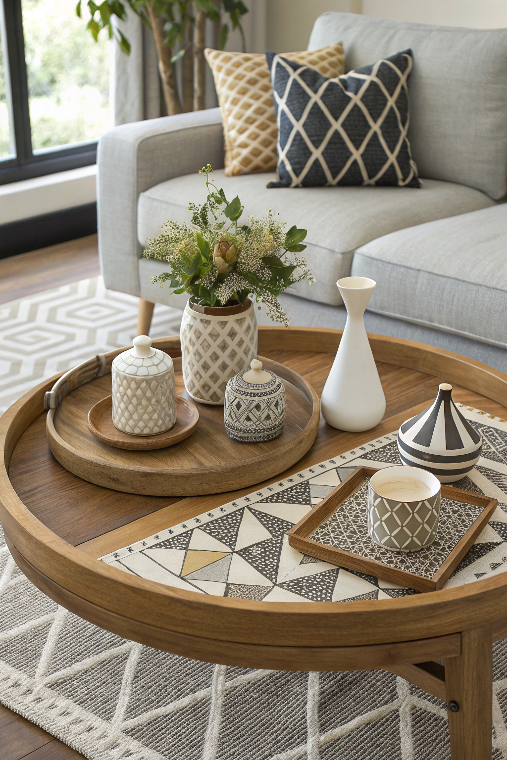 Geometric pattern coffee table decor