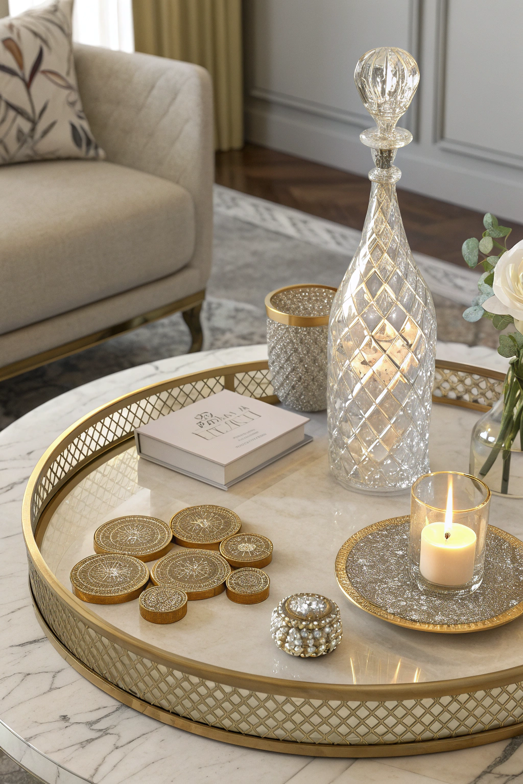 Glamorous coffee table decor
