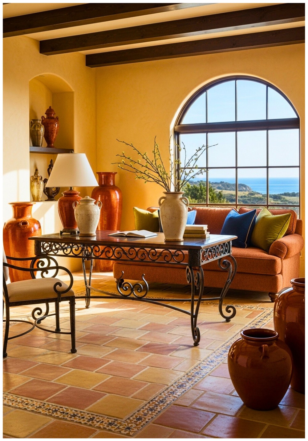 Wrought Iron Desk With Terra Cotta Colored Couch