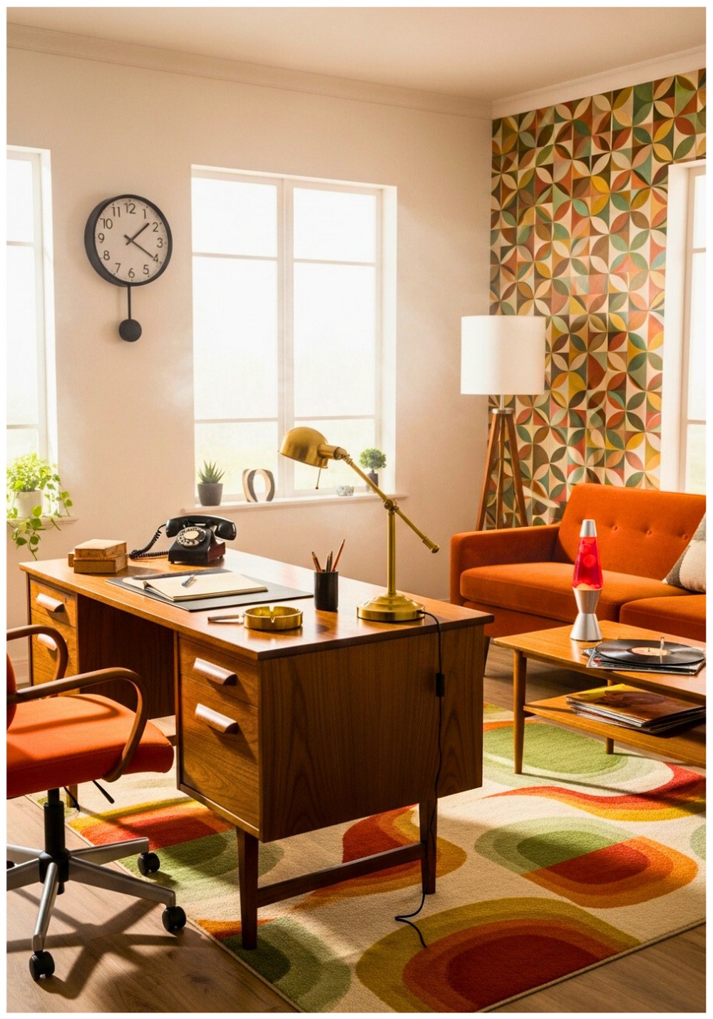 Walnut Desk and Vintage Orange Velvet Couch
