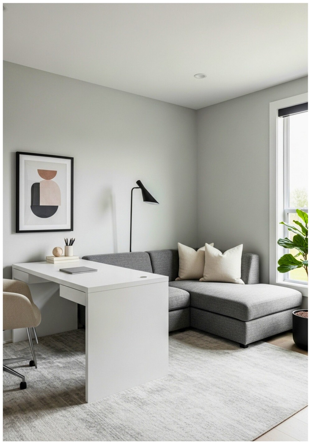 Sleek White Desk Paired With Gray Sectional Sofa