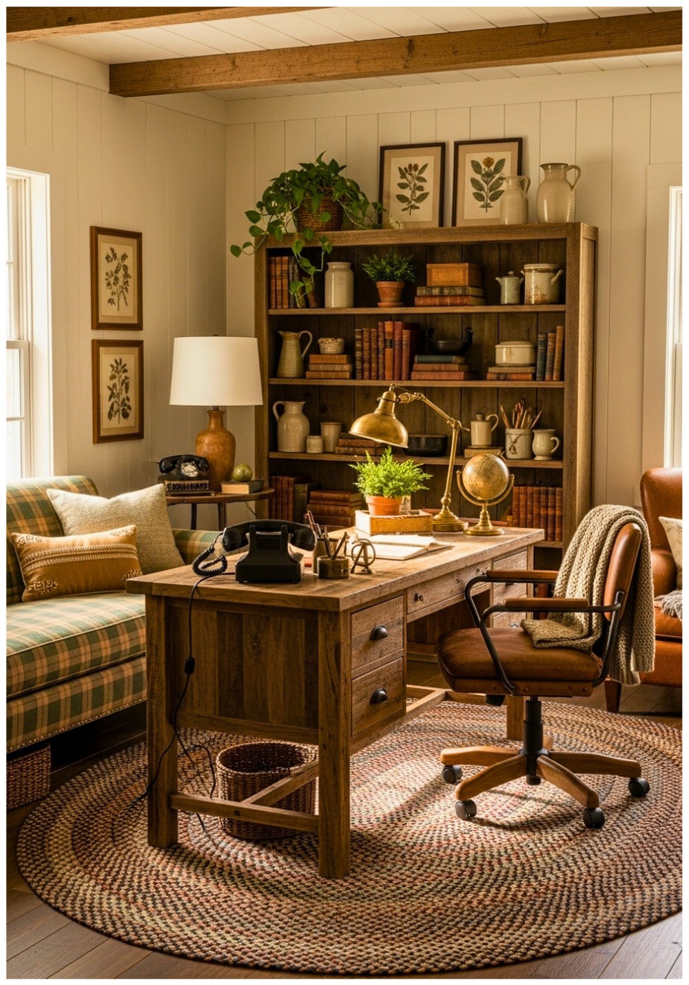 Reclaimed Wood Desk With Plaid Upholstered Couch
