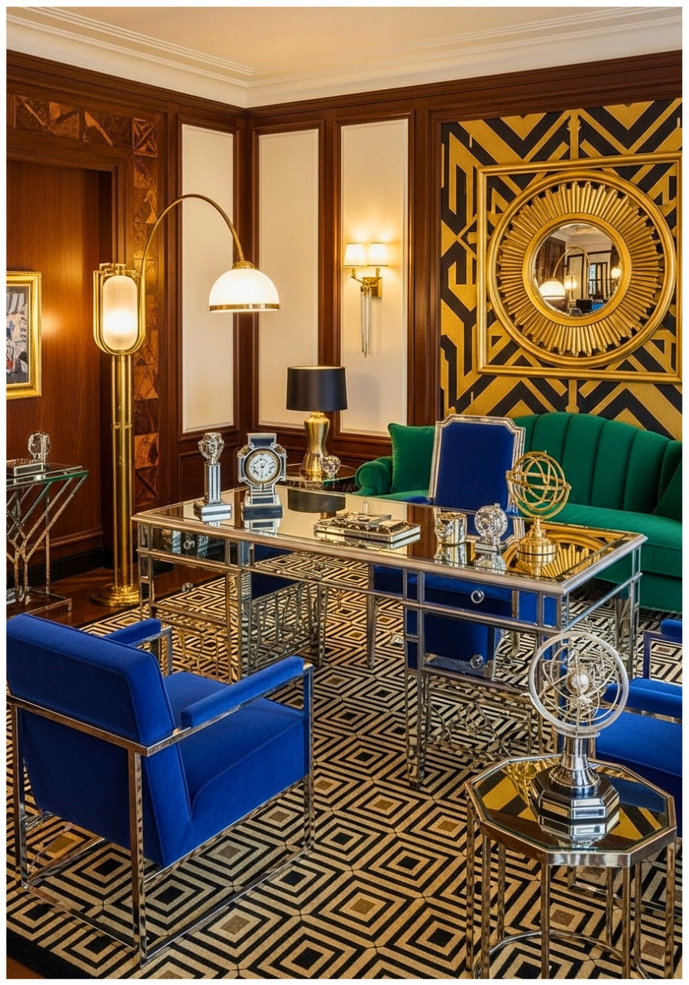 Mirrored Desk With Velvet Emerald Green Sofa