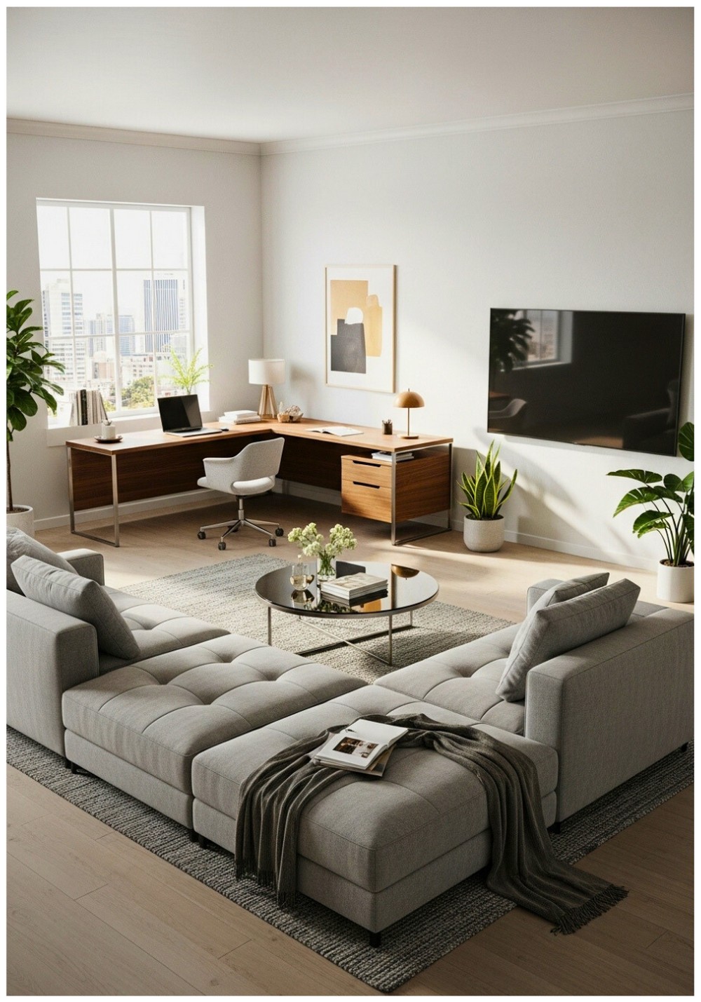 L-Shaped Desk With Modular Sofa Configuration