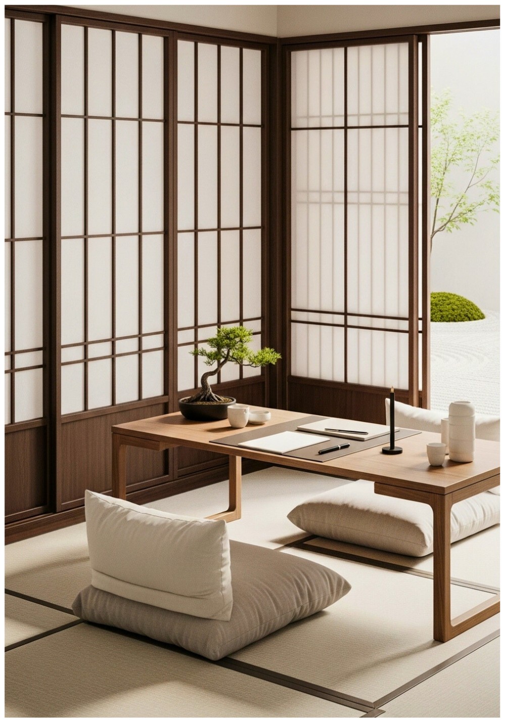 Low Profile Desk With Floor Cushion Seating Area