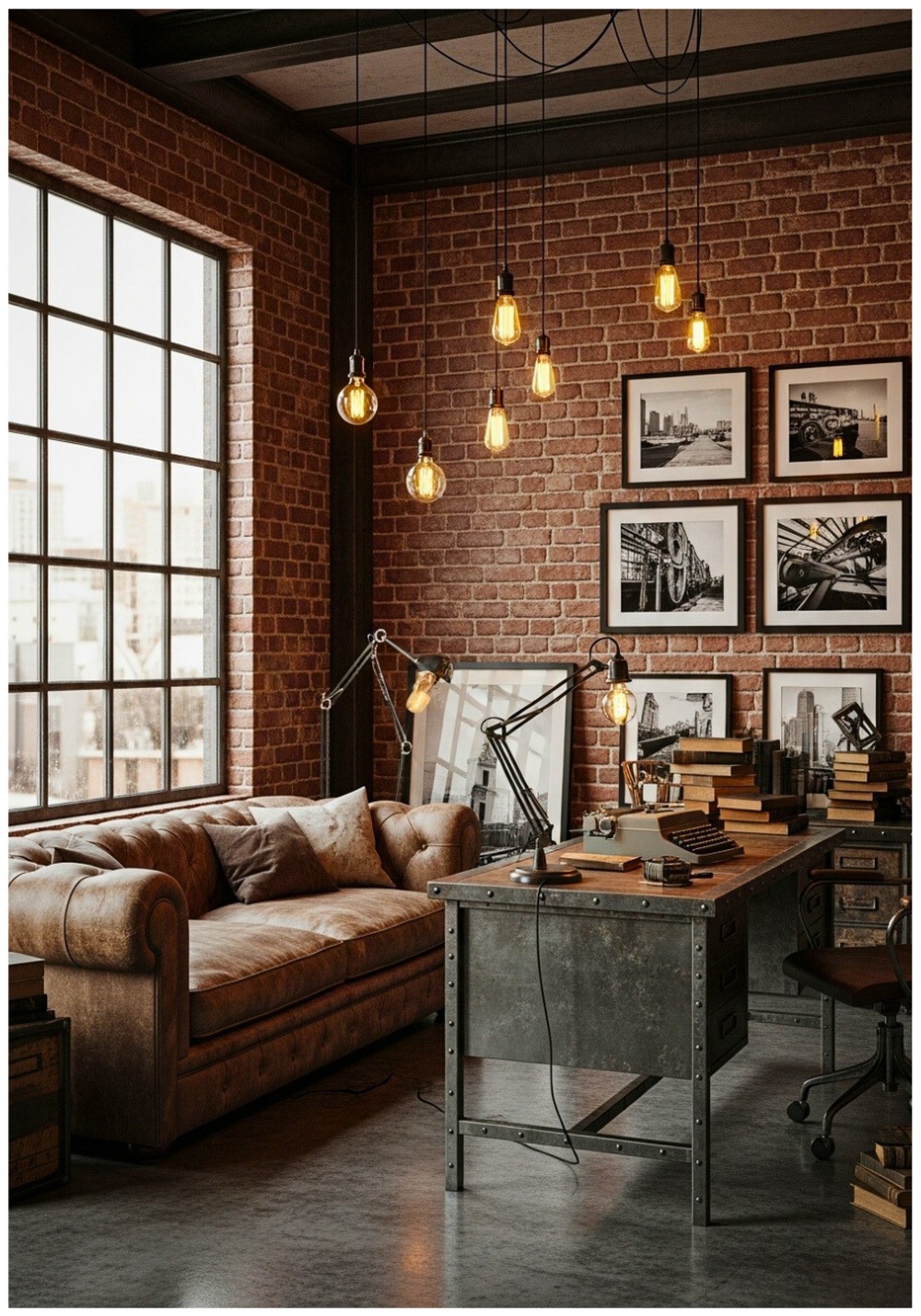 Exposed Brick Walls With Leather Couch and Metal Desk