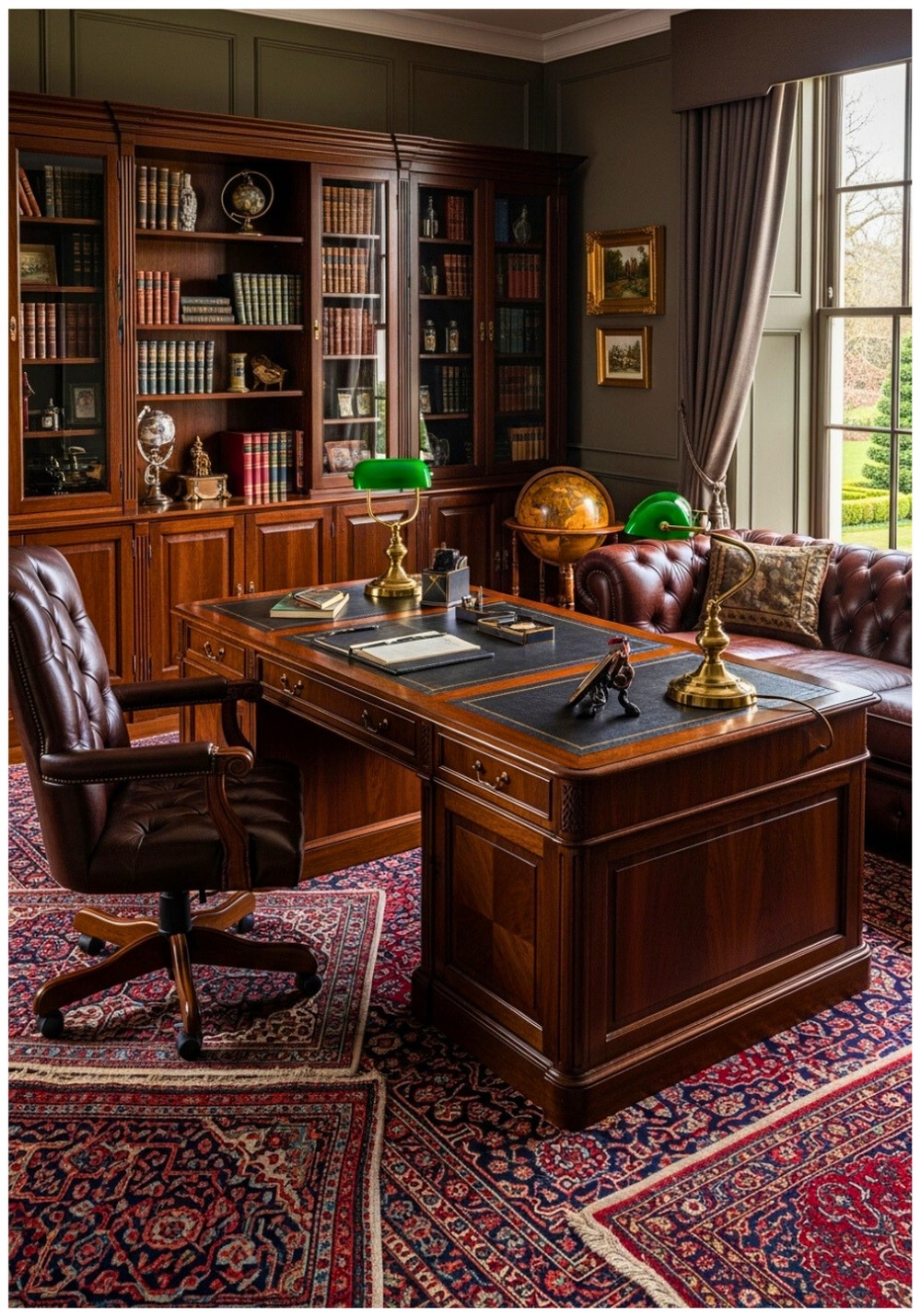 Dark Wood Desk With Tufted Leather Chesterfield