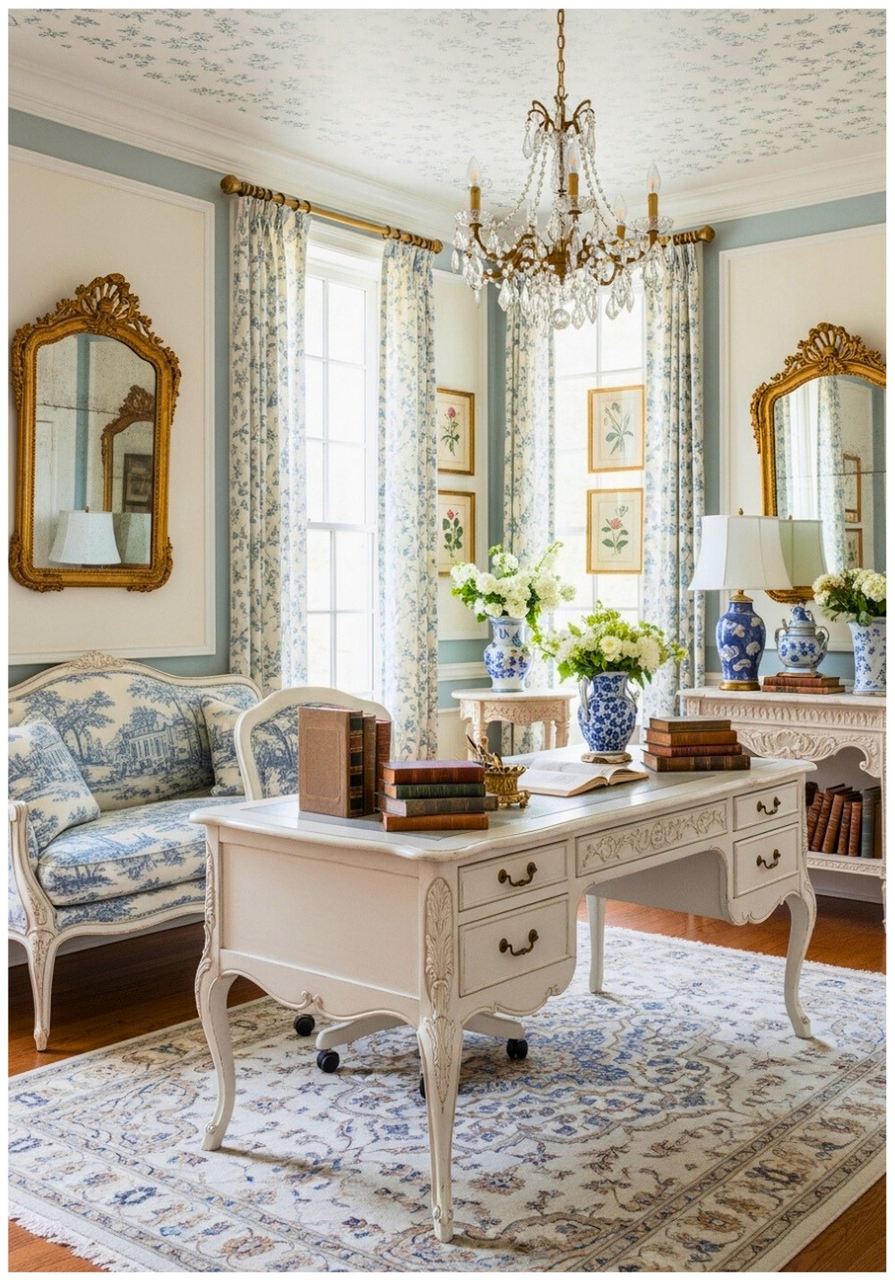 Antique White Desk With Toile Patterned Settee