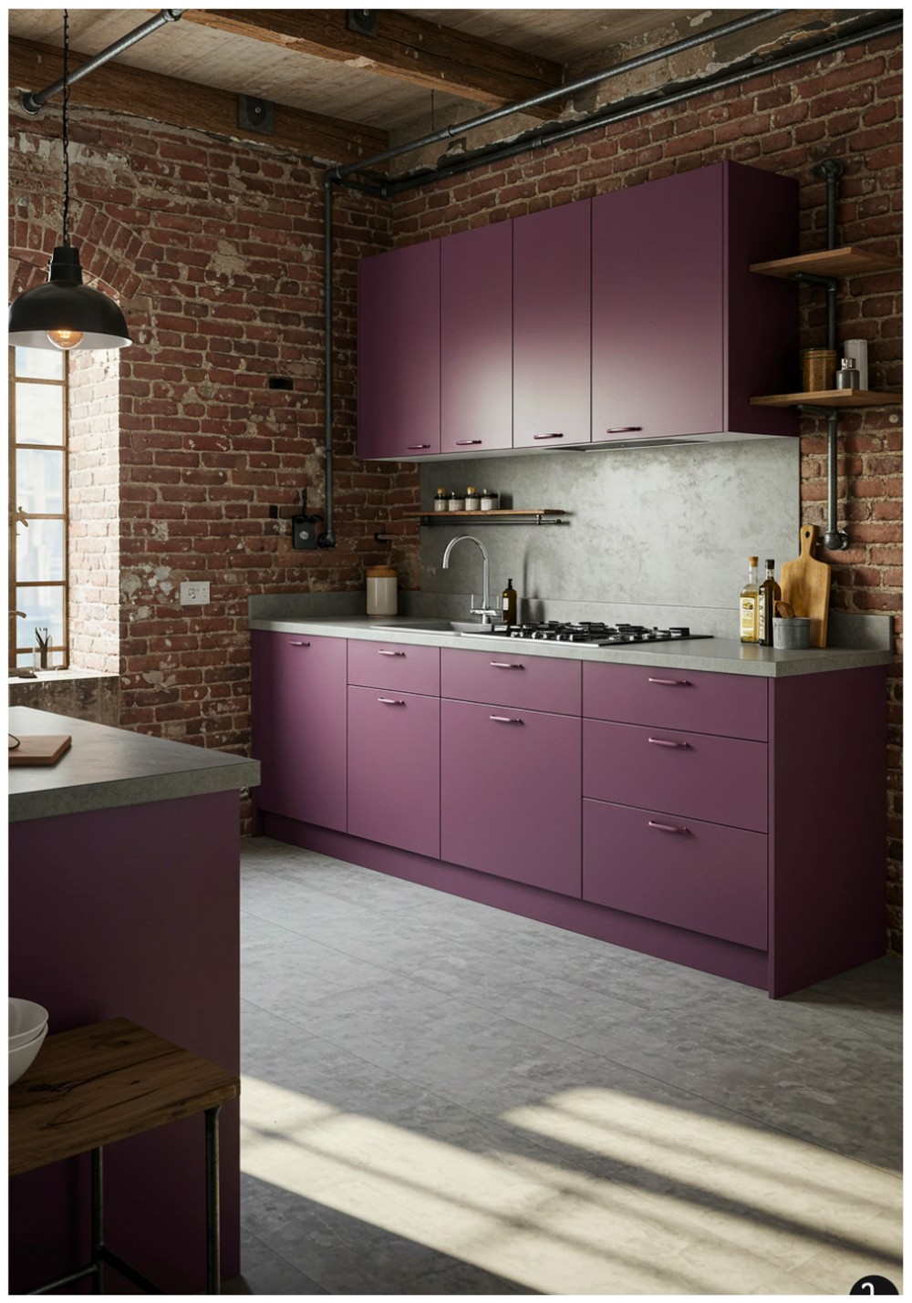 Industrial Plum Kitchen Cabinets