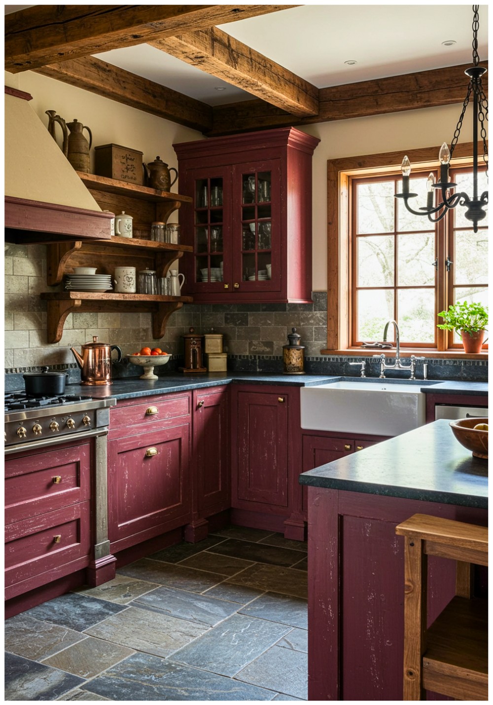 Rustic Burgundy Kitchen Cabinets
