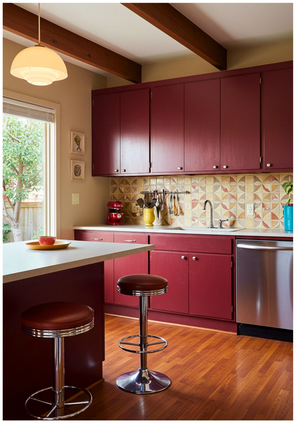 Midcentury Modern Burgundy Kitchen Cabinets