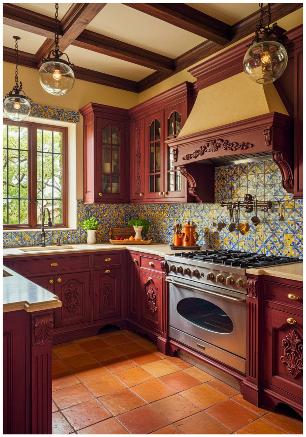 Mediterranean Burgundy Kitchen Cabinets