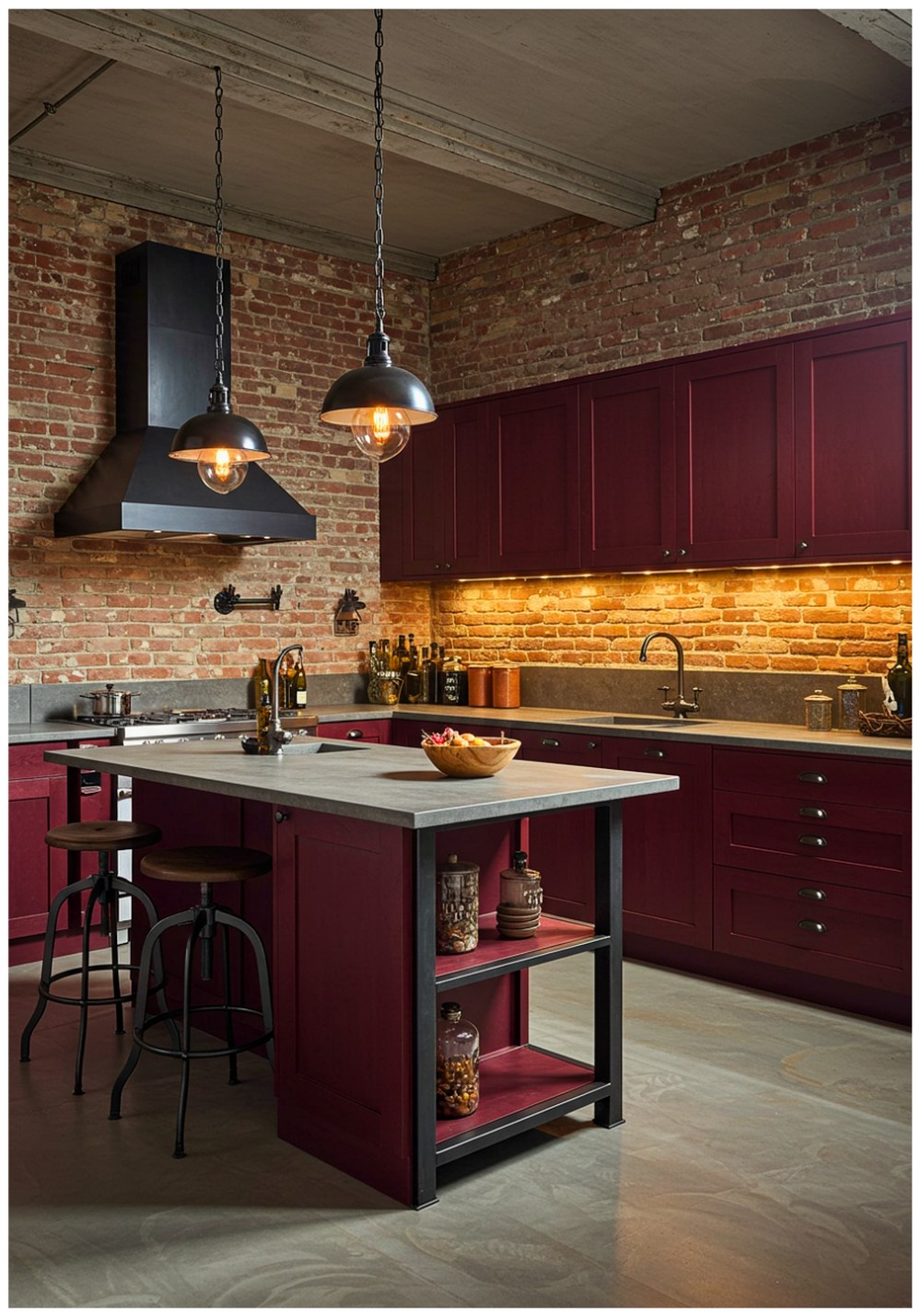 Industrial Burgundy Kitchen Cabinets