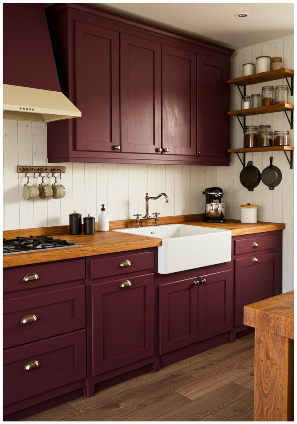 Farmhouse Burgundy Kitchen Cabinets
