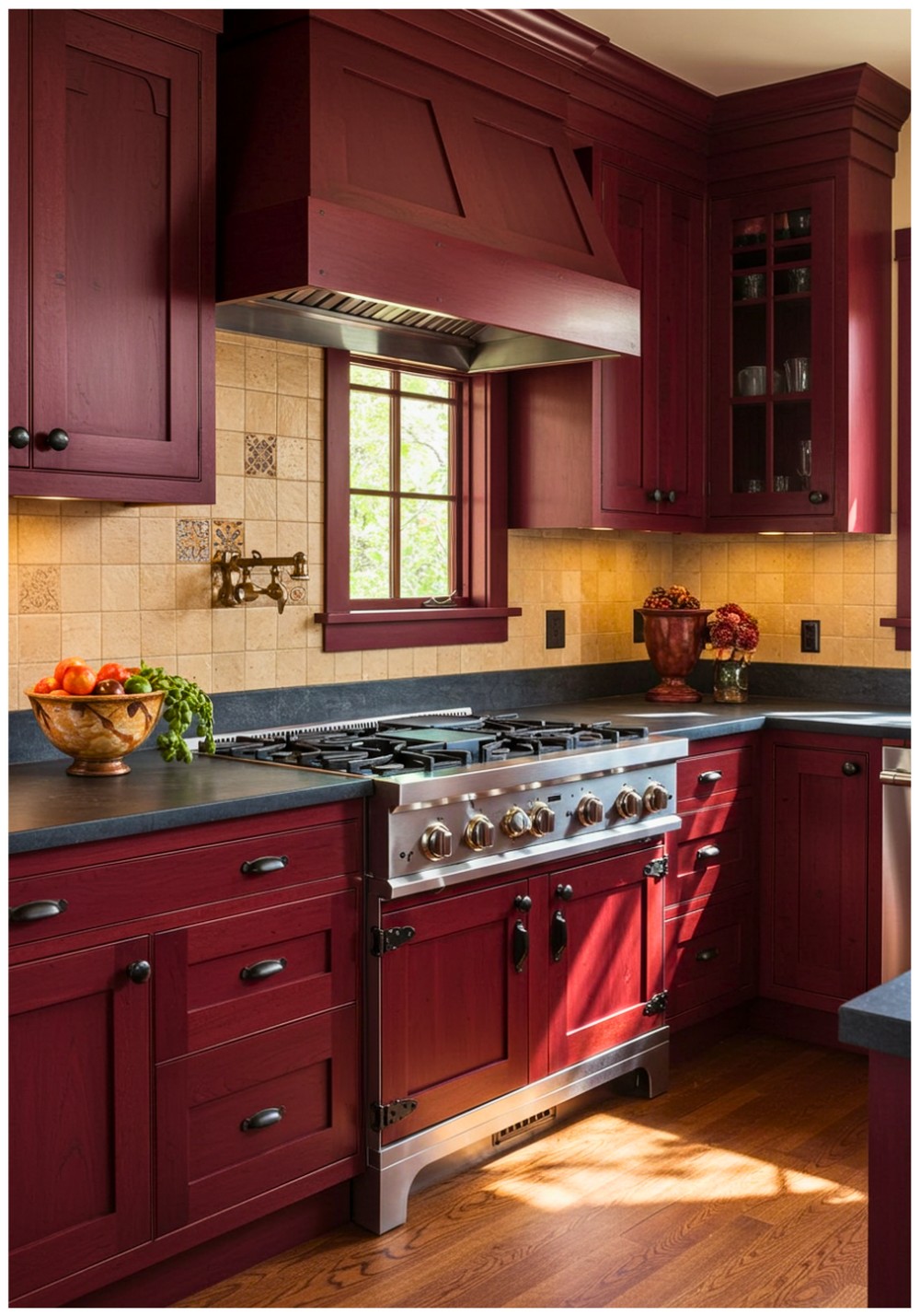 Craftsman Burgundy Kitchen Cabinets