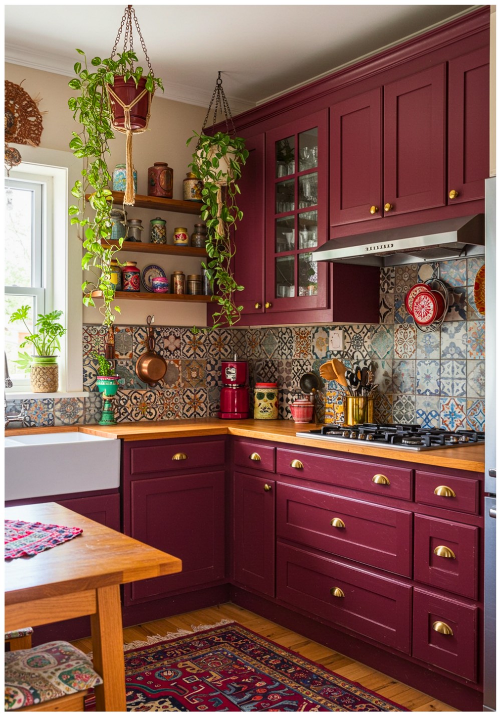 Bohemian Burgundy Kitchen Cabinets