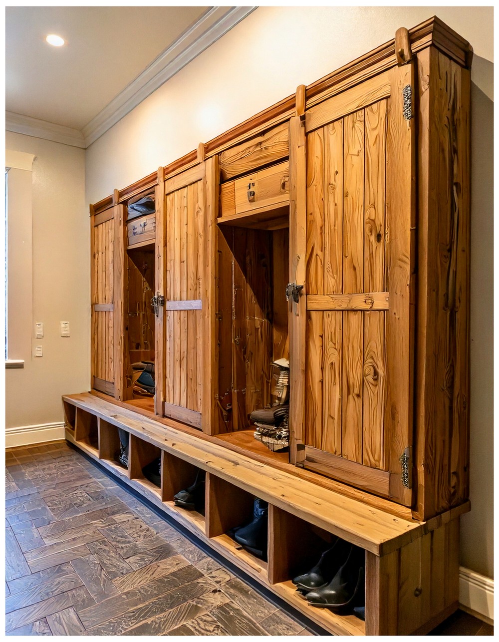 Rustic Mudroom Lockers with Reclaimed Barnwood Doors
