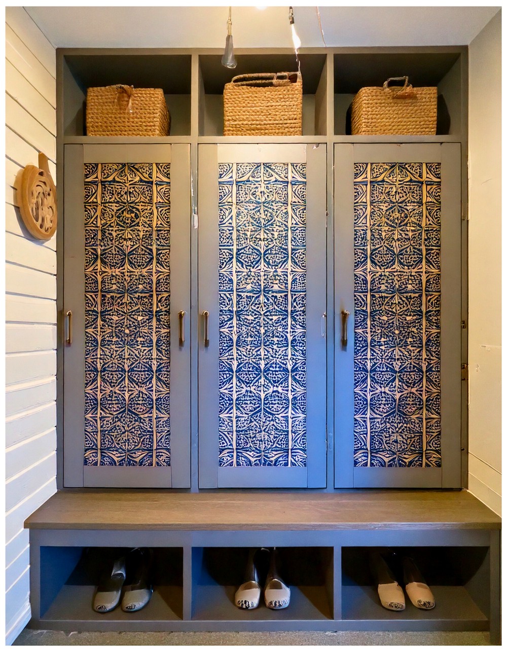 Mudroom Lockers with Patterned Tile Inlay Doors