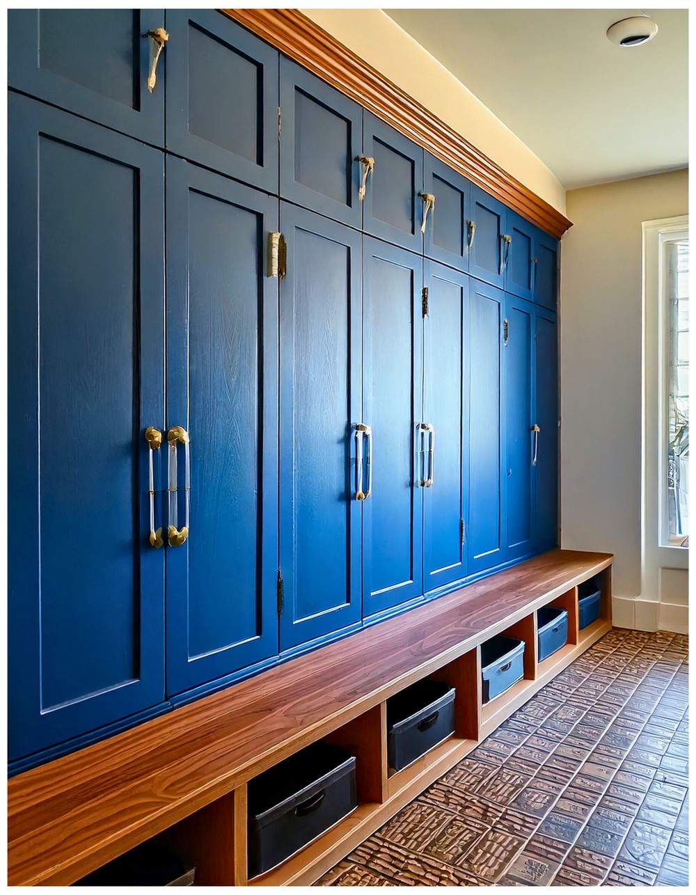 Modern Mudroom Lockers with Flat Panel Doors and Bold Colors