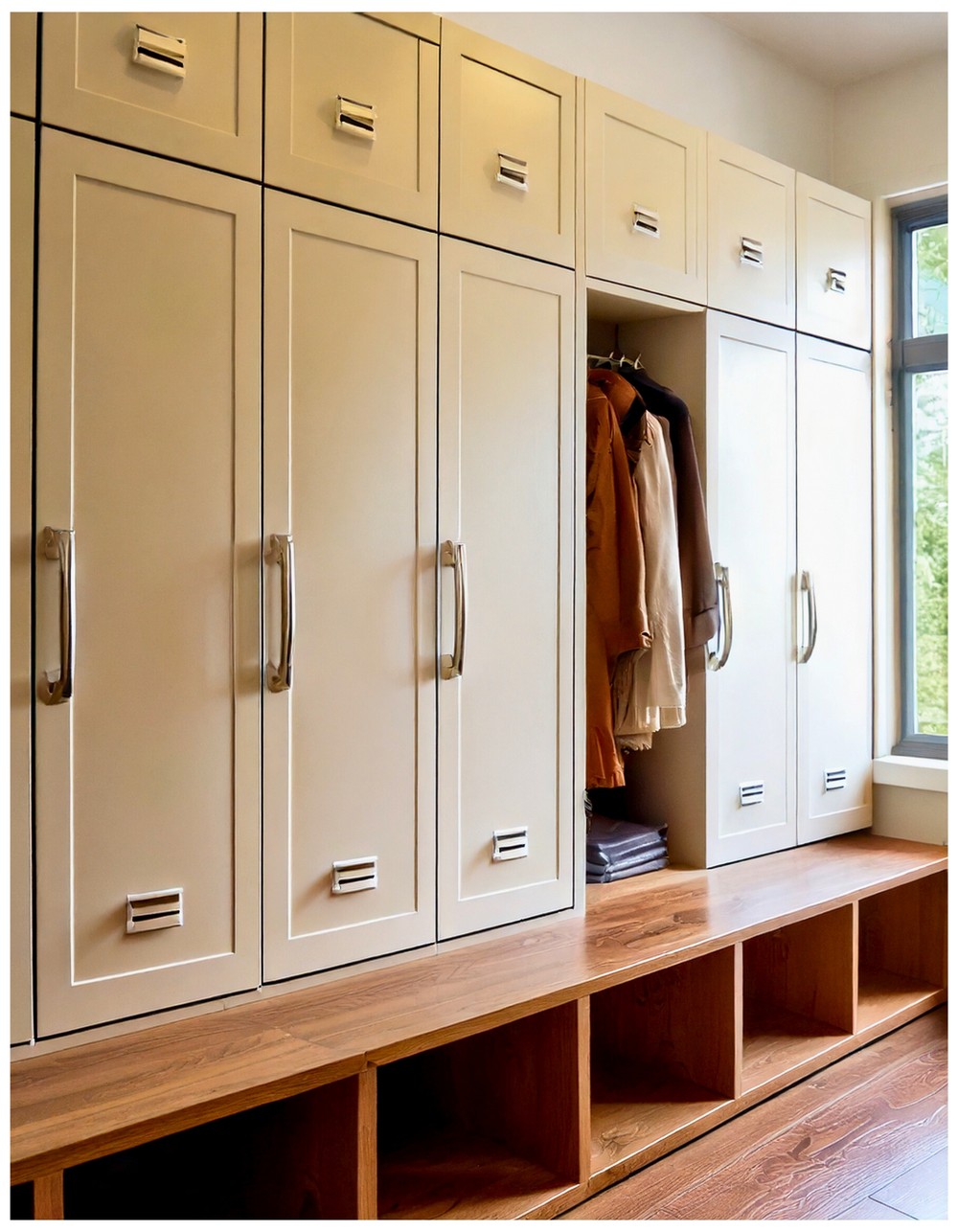 Minimalist Mudroom Lockers with Handleless Doors