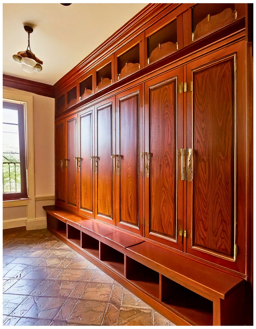 Luxury Mudroom Lockers with Leather-Paneled Doors