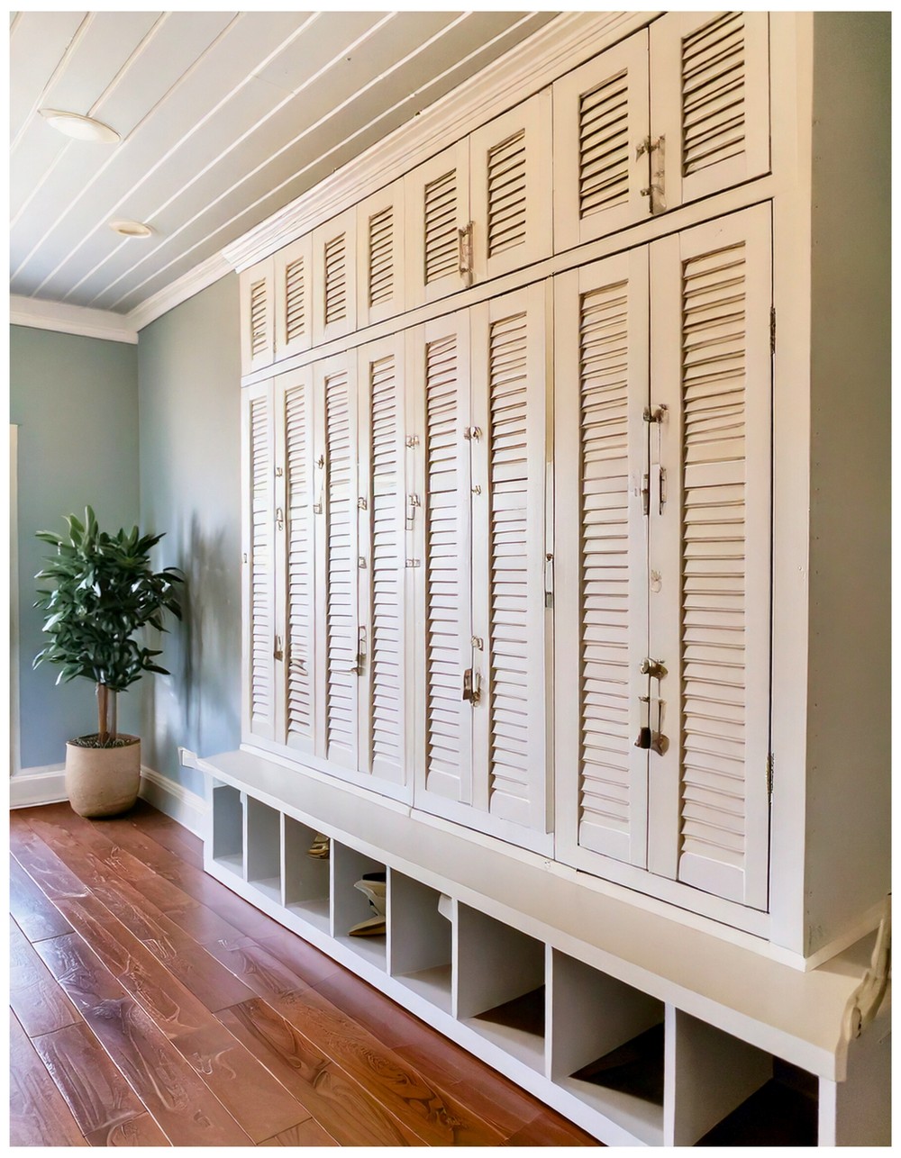 Classic White Mudroom Lockers with Beadboard Doors