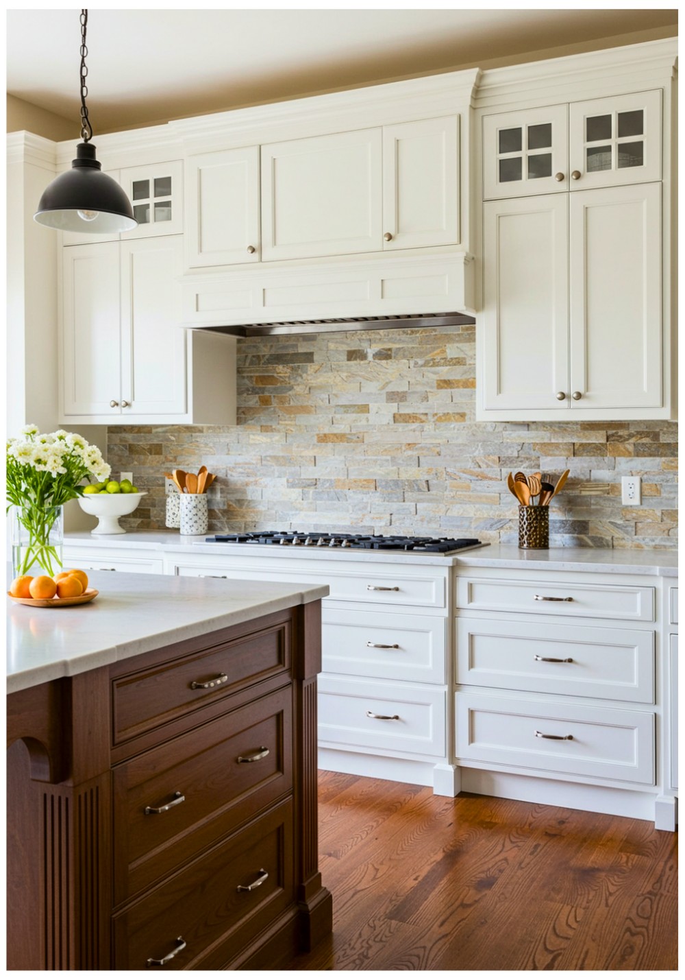 Transitional Stone Backsplash Kitchen