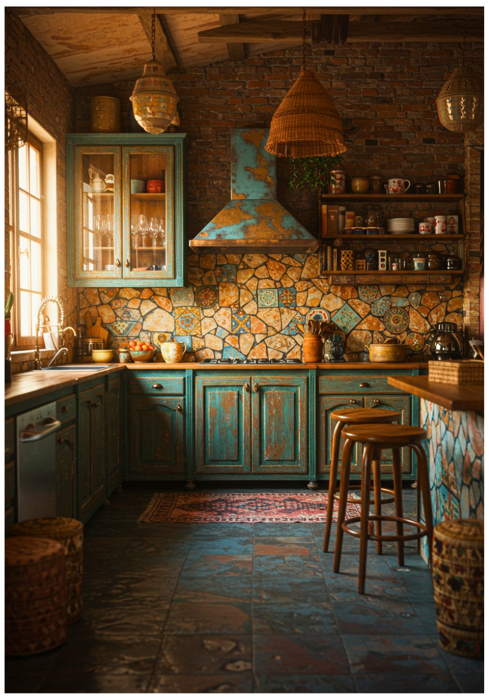 Bohemian Stone Backsplash Kitchen