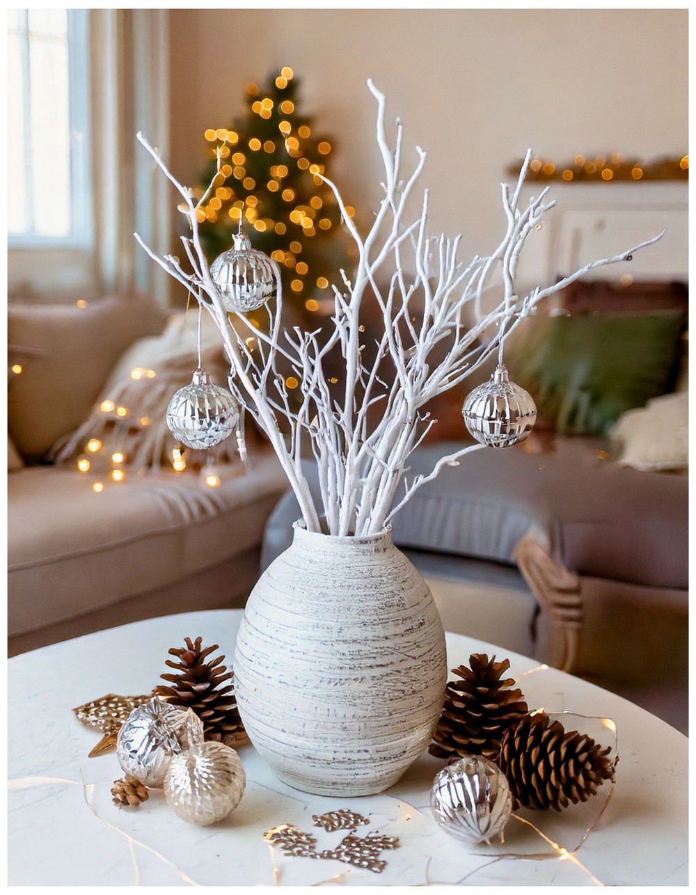 White painted branches centerpiece with hanging glass ornaments and fairy lights