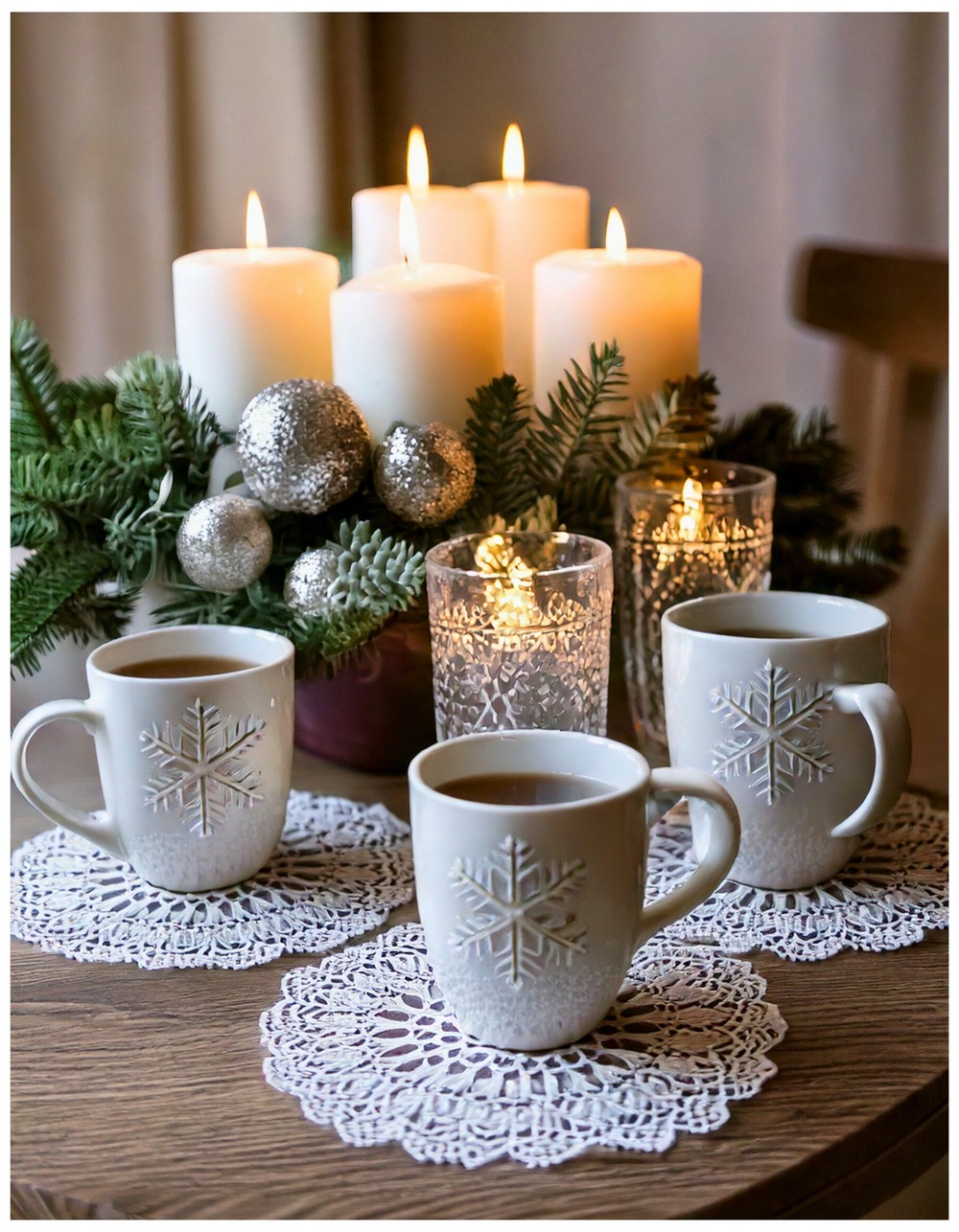 White felt snowflake coasters for a festive table setting