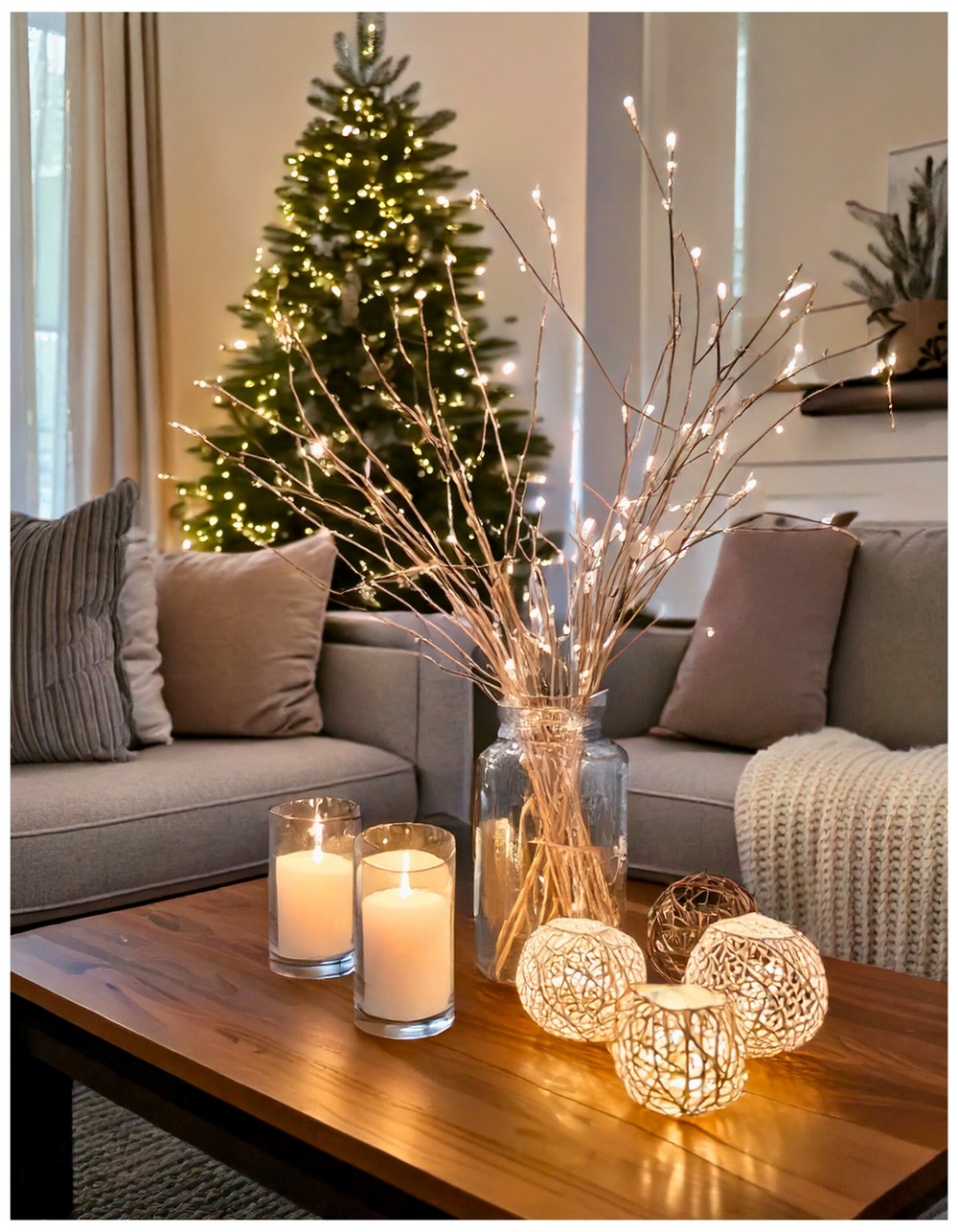 Twinkle light branches in a clear vase for glowing winter ambiance