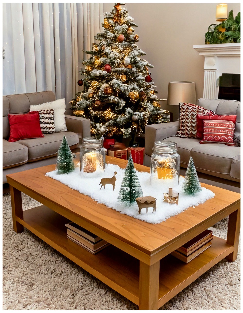 Mason jar snow scenes with faux snow, trees, and tiny deer