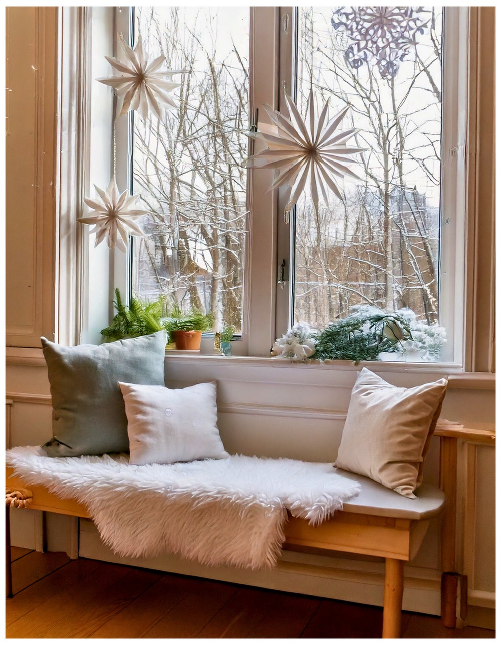 Hanging paper snowflake garland for windows or door frames