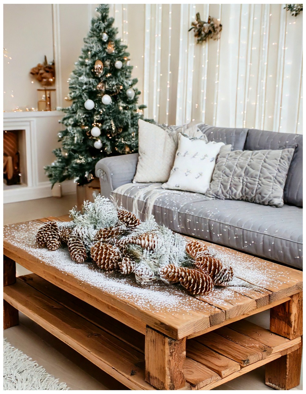 Frosted pinecone ornaments dusted with white glitter and twine
